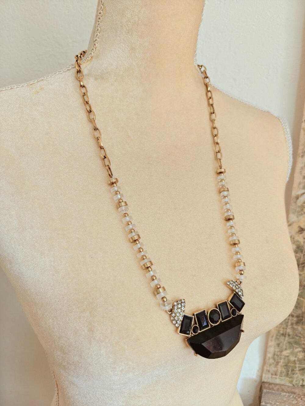 J.Crew Black Crystal Lucite Statement Necklace Gold Tone Rhinestone Bib